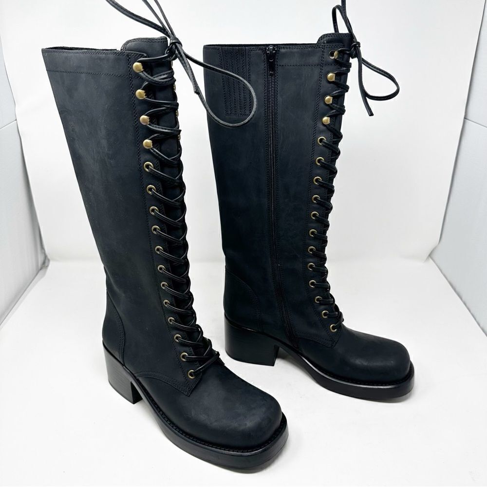Jeffery Campbell Tyro Black Distressed Knee High Boots Size 8.5 Lace Up
